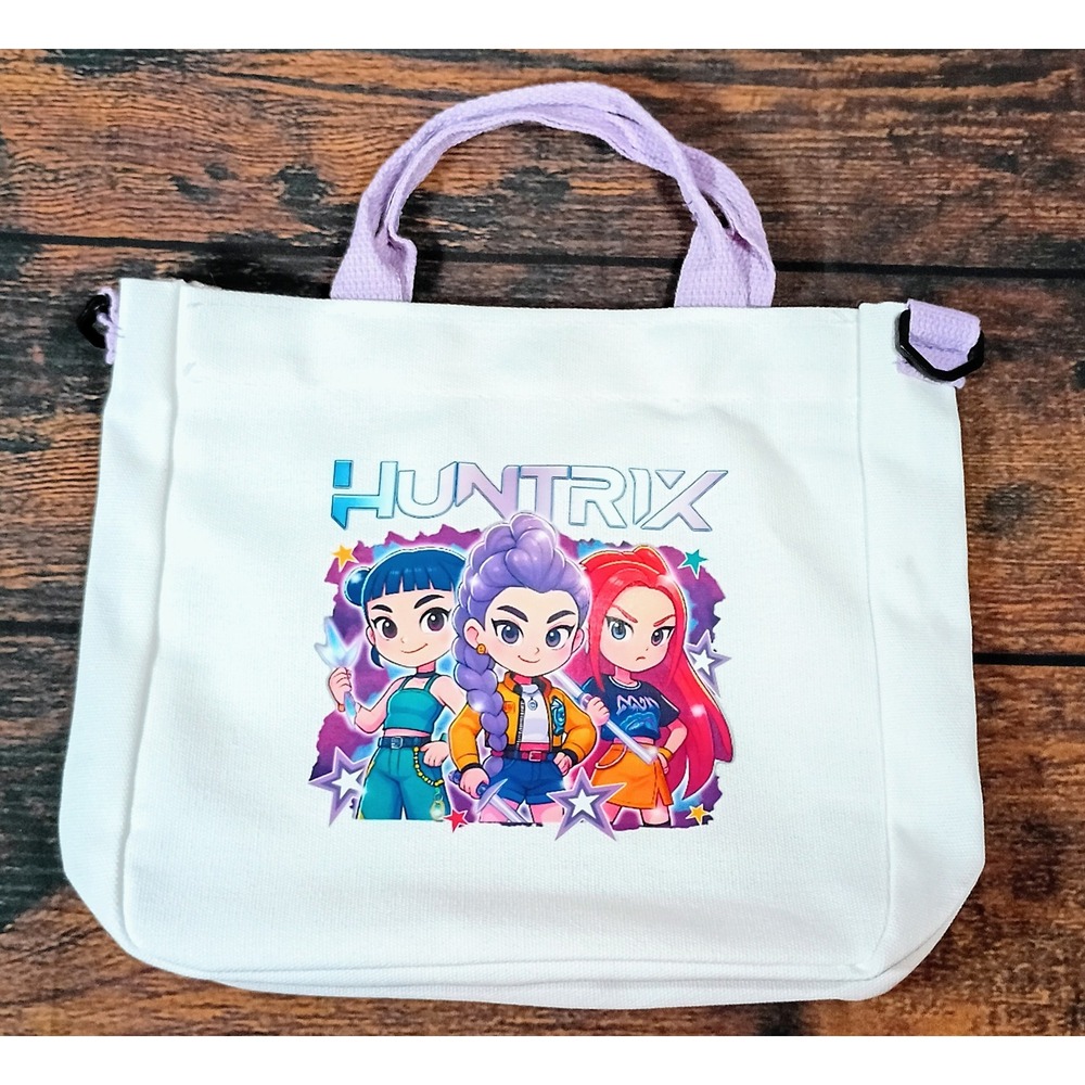 Huntrix Anime Graphic Canvas Tote‎ Bag White Purple Small Handbag with D-Rings